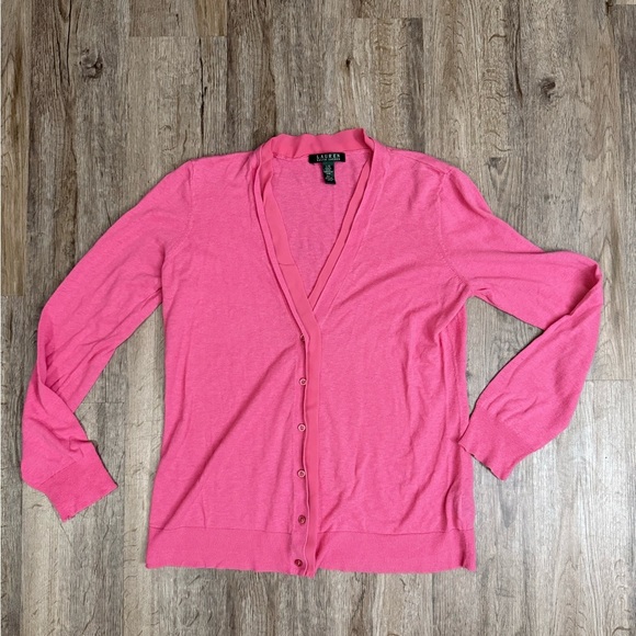 Ralph Lauren • V-Neck Chiffon Trim Linen Blend Cardigan - Picture 2 of 9